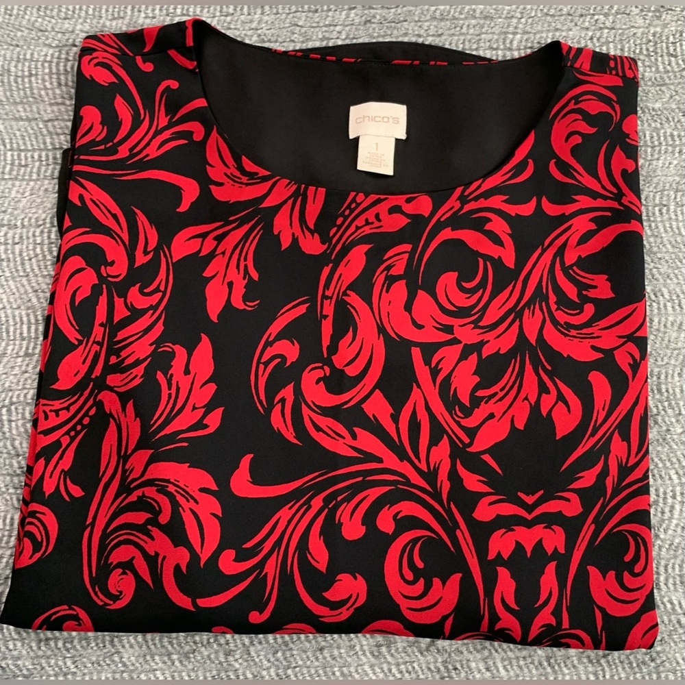 3/$30 Chicos Women's Size 1 Blouse Red Black High Low Lined Dressy  Floral Top - Picture 7 of 13
